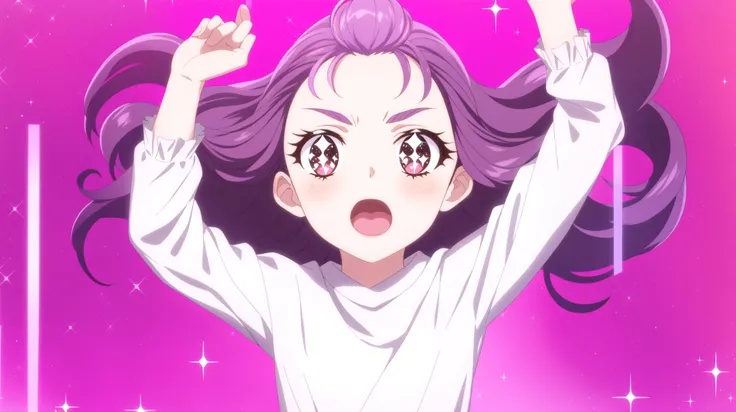 miminokurumi, 1girl, solo, henshin, open mouth, sparkle, arms up, looking at viewer