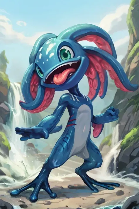 (((masterpiece, best quality))), anime, flat colors, drawing, 8k, stunningly beautiful, highly detailed, depth of field, complex background, BREAK fizz_lol, (amphibian:0.5), solo, full body, tentacle_hair, open mouth, tongue out, gills, (webbed feet:1.2), ...