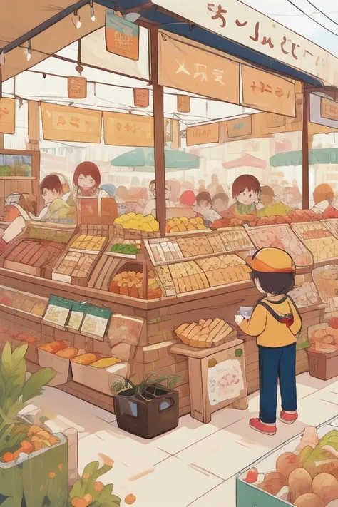 A food market with many products,people queuing up for food to come out, hand drawn style, childrens illustrations, flat illustrations, masterpiece, best quality,
