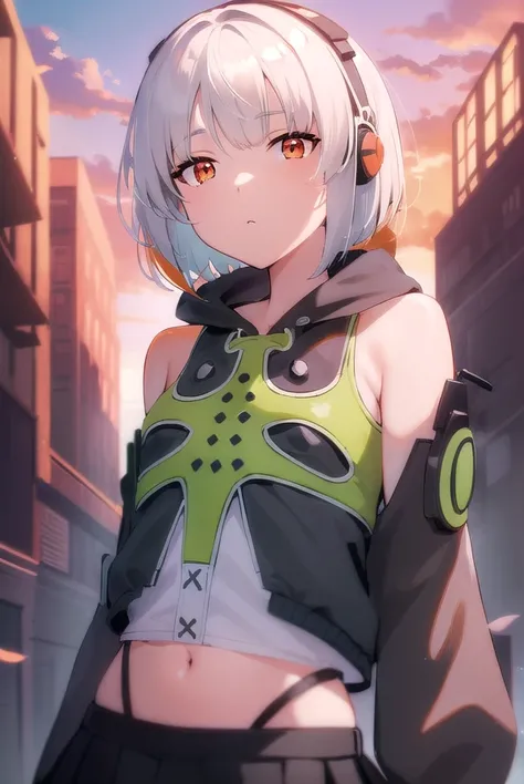 anbydemara, <lora:anby demara-lora-nochekaiser:1>,
anby demara, (orange eyes:1.5), short hair, white hair,
BREAK bare shoulders, black gloves, black skirt, black thighhighs, fingerless gloves, gloves, green jacket, headphones, jacket, navel, skirt, stomach...
