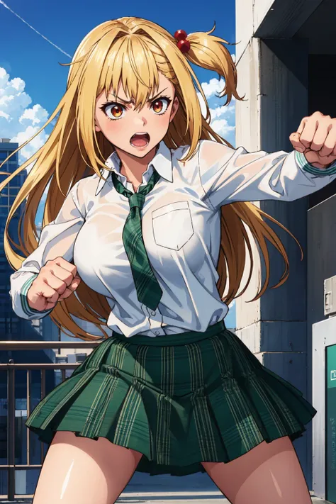 masterpiece, best quality, 1girl, solo <lora:amagakeyuri-nvwls-v1-000010:0.9> amagake yuri, hair ornament, white shirt, dress shirt, long sleeves, green necktie, green skirt, large breasts, incoming punch, fist, punching, furrowed brow, yelling, cityscape,...