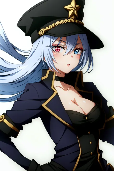 (anime coloring),(masterpiece),(best quality),(ultra-detailed),(best illustration),(best shadow),(absurdres),(detailed background), <lora:OGT_Marin_Kitagawa-v3:1> Marin Kitagawa, Lobelia, 1girl, solo, breasts, long hair, hat, cleavage, gloves, red eyes, ch...