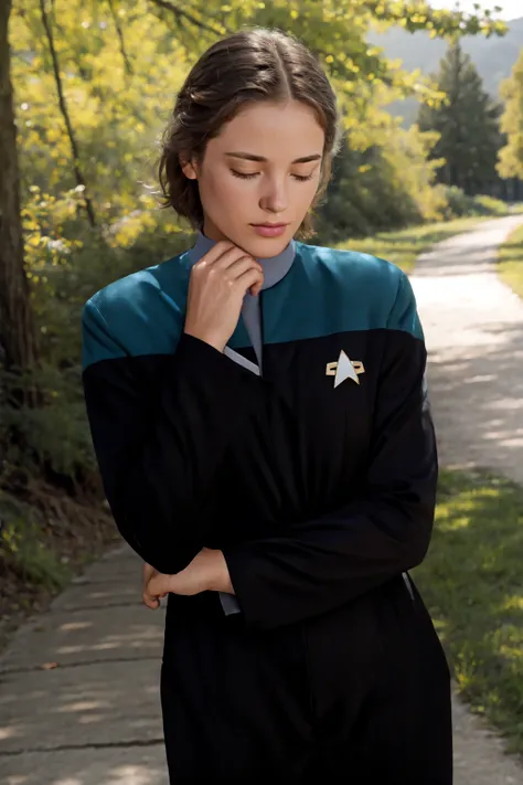 tired woman hiking in the mountains, voyunf teal and black uniform,black pants,black sleeves,<lora:Voy6batchDebiasGold:0.8>