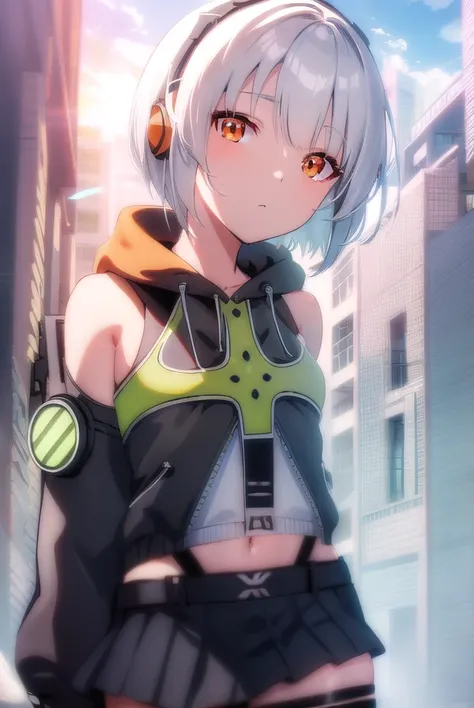 anbydemara, <lora:anby demara-lora-nochekaiser:1>,
anby demara, (orange eyes:1.5), short hair, white hair,
BREAK bare shoulders, black gloves, black skirt, black thighhighs, fingerless gloves, gloves, green jacket, headphones, jacket, navel, skirt, stomach...