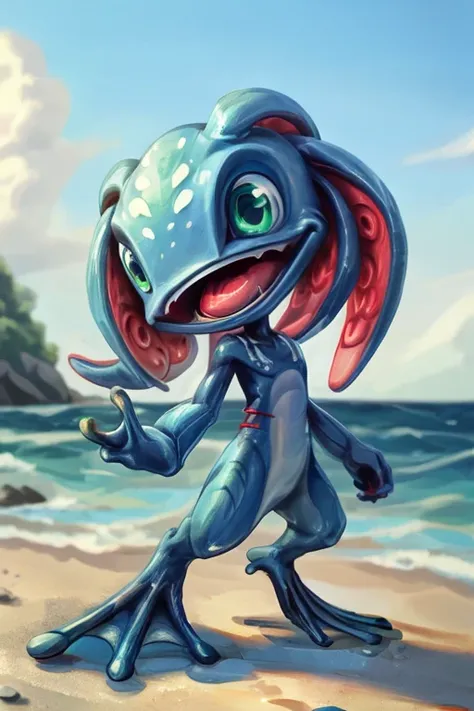(((masterpiece, best quality))), anime, flat colors, drawing, 8k, stunningly beautiful, highly detailed, depth of field, complex background, BREAK fizz_lol, (amphibian:0.5), solo, full body, tentacle_hair, open mouth, gills, (webbed feet:1.2), webbed finge...