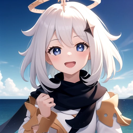 ((masterpiece)),(best quality),official art,extremely detailed CG,unity 8k wallpaper,ultra detailed,A lighthouse on a cliff by the sea,1girl,solo,upper body,(portrait:1.2),looking at viewer,halo,white_hair,open_mouth,blue_eyes,smile,black scarf,scarf,cape,...