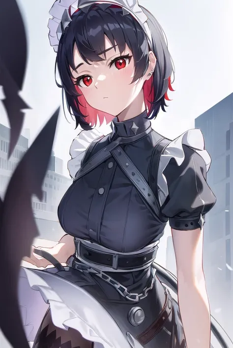 ellenjoe, <lora:ellen joe-lora-nochekaiser:1>,
ellen joe, black hair, colored inner hair, multicolored hair, (red eyes:1.3), red hair, short hair, two-tone hair,
BREAK bapron, black pantyhose, black shirt, black skirt, ear piercing, fins, fish tail, maid, ...