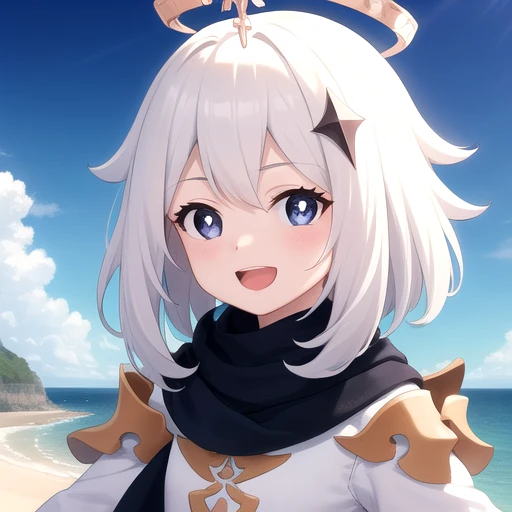 ((masterpiece)),(best quality),official art,extremely detailed CG,unity 8k wallpaper,ultra detailed,A lighthouse on a cliff by the sea,1girl,solo,upper body,(portrait:1.2),looking at viewer,halo,petite,white_hair,open_mouth,blue_eyes,smile,black scarf,scar...