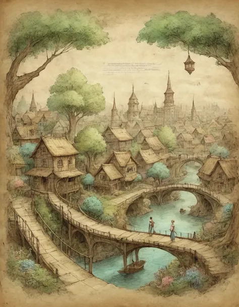 on parchment a beautiful nature civilization fancy flowers bridges nature city people treehouses