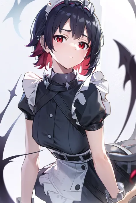 ellenjoe, <lora:ellen joe-lora-nochekaiser:1>,
ellen joe, black hair, colored inner hair, multicolored hair, (red eyes:1.3), red hair, short hair, two-tone hair,
BREAK bapron, black pantyhose, black shirt, black skirt, ear piercing, fins, fish tail, maid, ...