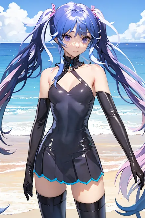 1girl,solo,looking at viewer,long hair,twintails,black dress,neck ribbon,elbow gloves,black black gloves,black thighhighs,blue hair,purple hair,purple eyes,<lora:GhostRule_v1.1:0.6>,in summer,beach,sea,over the sea,cowboy_shot,, masterpiece,best quality,hi...