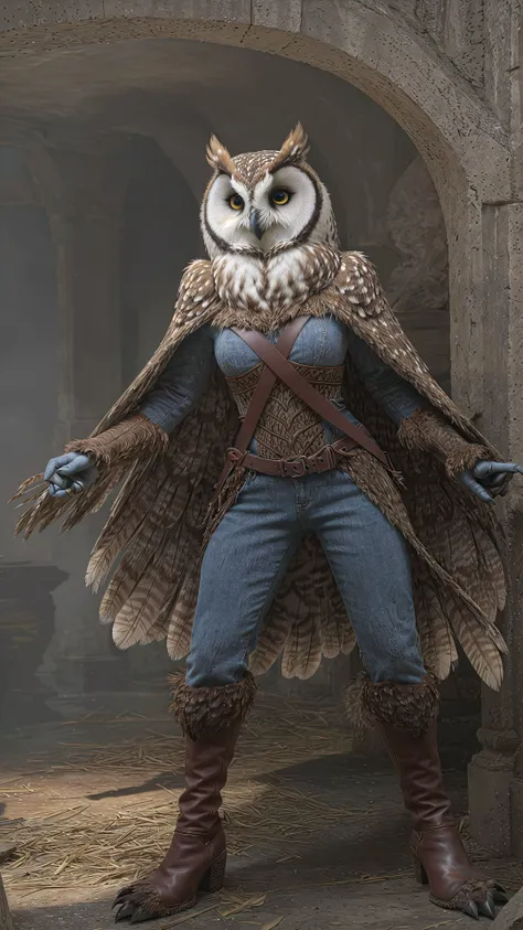 (best quality, high quality:1.1), fantasy, action pose, ruins, (anthro), female, (bird, avian, owl:1.3), beak, brown feathers, (tail feathers:1.2), (spotted feathered body), slim, fluffy, messy hair, yellow eyes, black sclera, (cape:1.2), (hood:1.1),
BREA...