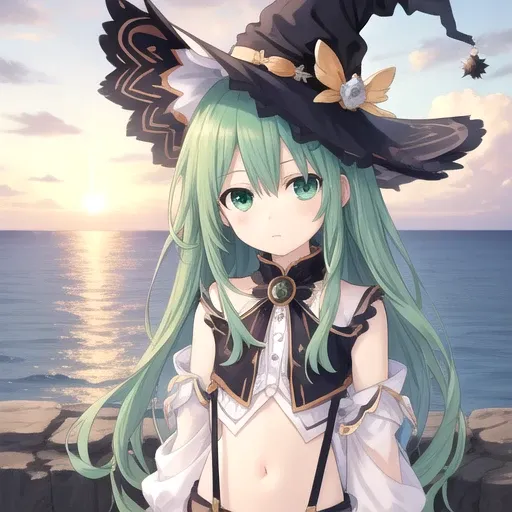 ((masterpiece)),(best quality),official art,extremely detailed CG,unity 8k wallpaper,ultra detailed,A lighthouse on a cliff by the sea,1girl,solo,upper body,(portrait:1.2),looking at viewer,natsumi (date a live),messy long hair,petite,long hair,hat,witch h...