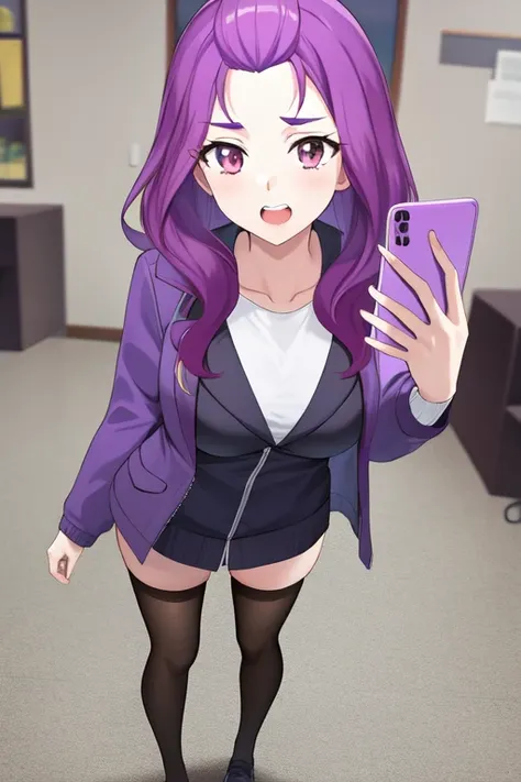 miminokurumi, open jacket, purple jacket, full body, upper teeth only, thighhighs, holding phone, jacket, large breasts