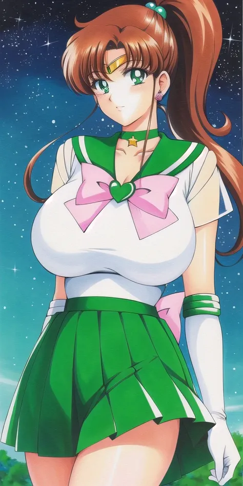 <lora:MakotoV1:0.7> kino_makoto, huge_breasts, standing, solo, White_leotard_Green_sailor_collar_Green_miniskirt_White_gloves_Star_choker_Pink_bowtie_Pink_back_bow_Circlet_Heart_brooch_See-through_sleeves, starry_sky,, masterpiece, best quality, detailed f...