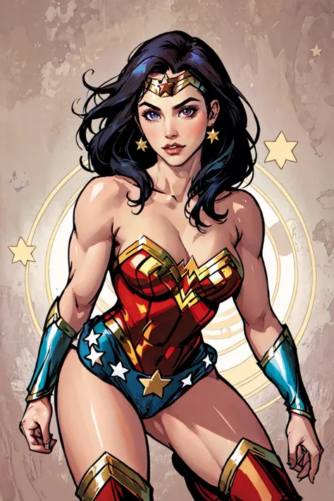 intricate details, masterpiece, absurdres, best quality, realistic, Highest Quality ,top torso portrait of Wonder Woman ,1girl, superhero, bare shoulders, jewelry, medium breasts, cleavage, leotard, star (symbol), knee boots, beautiful face, muscular woman