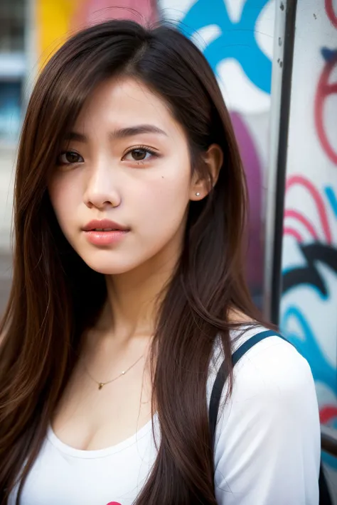 beautiful girl, long hair, wavy hair, short dress, parted lips, standing, (close-up photography), outdoors, ((city, graffiti wall art)), natural lighting, ((masterpiece, best quality, realistic)),