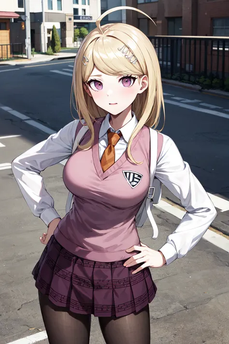 masterpiece, best quality, highres, aakaede, long hair, ahoge, hair ornament, breasts, school uniform, necktie, pink vest, sweater vest, collared shirt, long sleeves, backpack, pleated skirt, purple skirt, print skirt, pantyhose, <lora:akamatsu_kaede_v1:0....