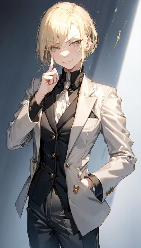 masterpiece, best quality, 1girl, finger to mouth, short platinum blonde hair, blazer, trousers, smug, smirk, closed mouth, motion lines