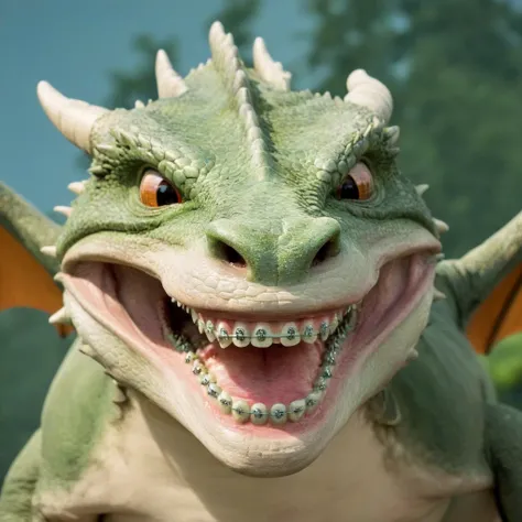 photo of a dragon smiling, showing teeth, braces <lora:braces-sdxl:1>