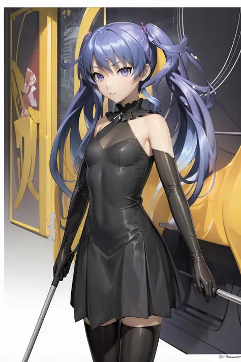 1girl,solo,full body,looking at viewer,long hair,twintails,(black dress:1.3),<lora:test1:0.8>,neck ribbon,elbow gloves,black black gloves,black thighhighs,(blue hair:1.2),(purple hair:1.1),purple eyes,simple background,(white background:1.2),disgust,front ...