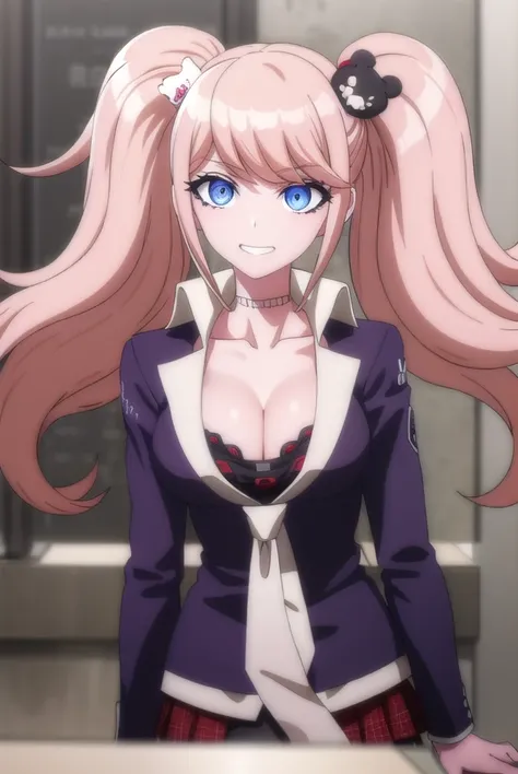 junkoenoshima, <lora:junko enoshima s1-lora-nochekaiser:1>,
junko enoshima, long hair, bangs, blue eyes, pink hair, hair ornament, twintails, bear hair ornament, smile, grin,
BREAK skirt, shirt, bow, cleavage, underwear, collarbone, necktie, choker, bra, r...