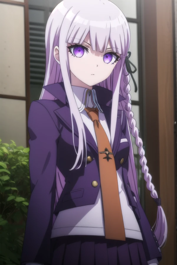 kyokokirigiri, <lora:kyouko kirigiri s1-lora-nochekaiser:1>,
kyouko kirigiri, long hair, bangs, ribbon, (purple eyes:1.1), hair ribbon, purple hair, braid, single braid, side braid,
BREAK skirt, shirt, gloves, long sleeves, jacket, white shirt, pleated ski...