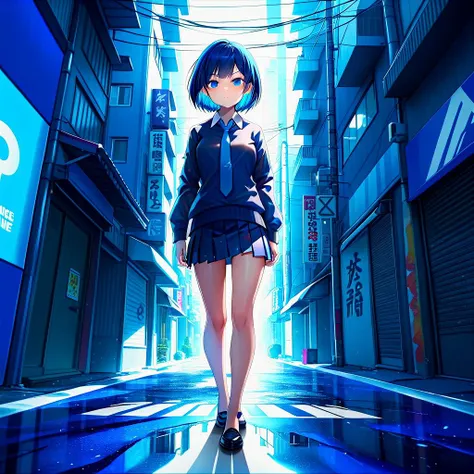 masterpiece, best quality, collared shirt, miniskirt, necktie, bob cut, a street in sapporo, standing with crossed legs, 1girl, solo, ultrarealistic cg render, blue theme and blue theme artstation digital painterly technique acrylic with wide stroke, cinem...