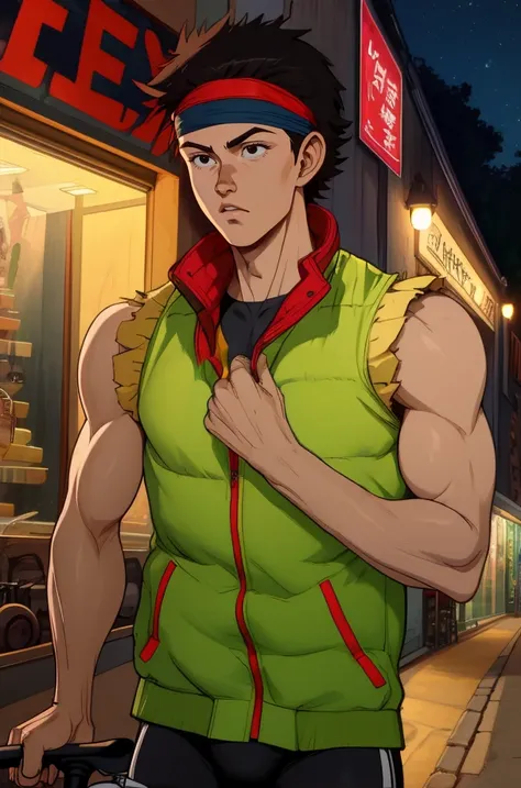 1boy,vest,black eyes,short hair,muscular,
standing,headband,
bike shop,night,
(insanely detailed, beautiful detailed face, masterpiece, best quality),solo,<lora:akiraMovie-10V8Strong:0.8>,