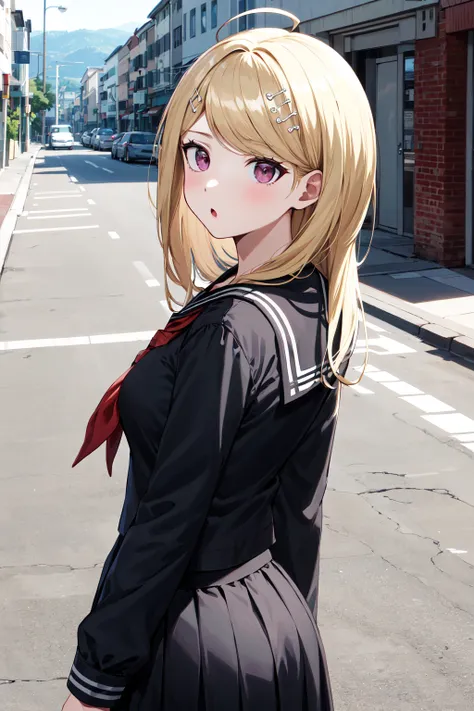 masterpiece, best quality, highres, aakaede, long hair, ahoge, hair ornament, breasts, collarbone, black serafuku, sailor collar, red neckerchief, (black shirt:1.2), long sleeves, black skirt , <lora:akamatsu_kaede_v1:0.7>, standing, from behind, looking b...