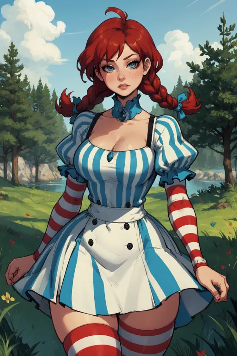 1girl, (solo:1.2), (cowboy shot:1.2), closed mouth, posing, exaggerated proportions, (expressive:1.2), (curvy)
<lora:Wendys - Wendy [justTNP - v1.0]:1> ffwendys, (twin braids), hair bow, (striped dress), striped sleeves, puffy sleeves, striped thighhighs, ...