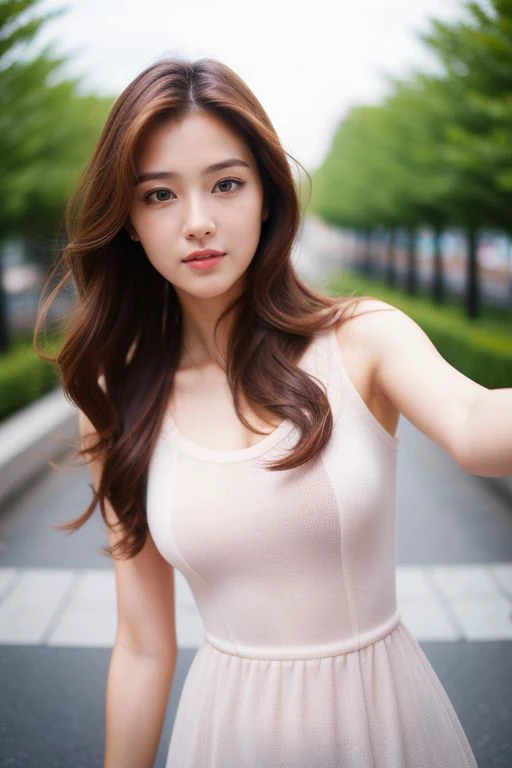 beautiful girl, long hair, wavy hair, short dress, parted lips, standing, (POV selfie pose), outdoors, ((city, beautiful atmosphere)), natural lighting, ((masterpiece, best quality, realistic)),