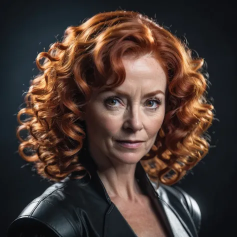 photograph, cinematic color grading, solo character portrait, middle aged woman, hair: ginger hair, bombshell curly hair, nationality: St Helenian, miko, dark background<lora:EnvyCharacterPortraitHelperXL01:1.0>
