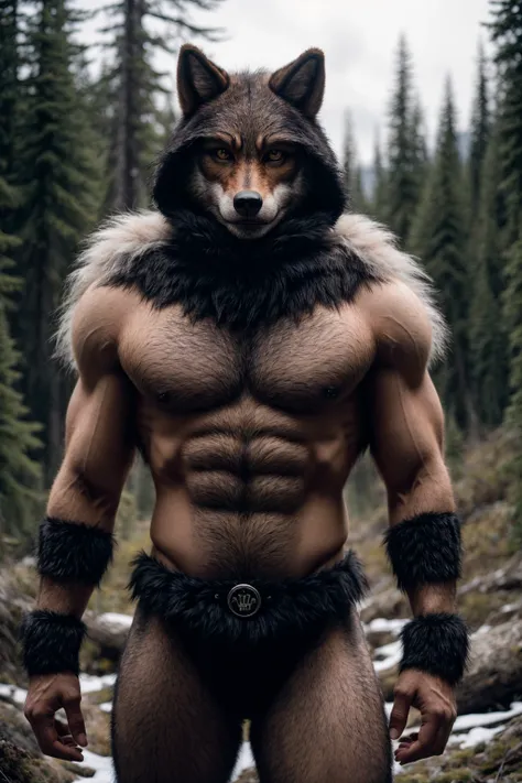 An anthropomorphic werewolf, faux fur, masculine, looking at viewer, wilderness background, femoral bandage, [: real life photo, film grain : 0.5]