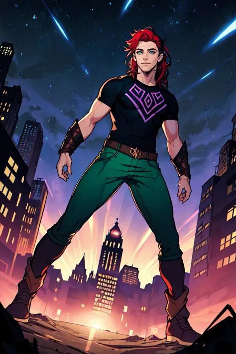 (masterpiece, best quality, ultra-detailed, highres, best illustration), 1boy, solo, (male focus:0.8), transgender male, (masculine:0.7), (norse god loki), two tone hair, red hair, green hair, short hair, heterochromia, purple eyes , side lighting, lustrou...