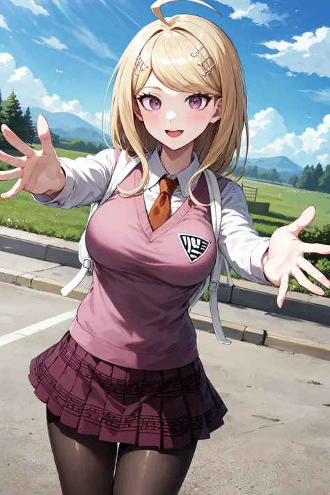 masterpiece, best quality, highres, aakaede, long hair, ahoge, hair ornament, breasts, school uniform, necktie, pink vest, sweater vest, collared shirt, long sleeves, backpack, pleated skirt, purple skirt, print skirt, pantyhose, <lora:akamatsu_kaede_v1:0....