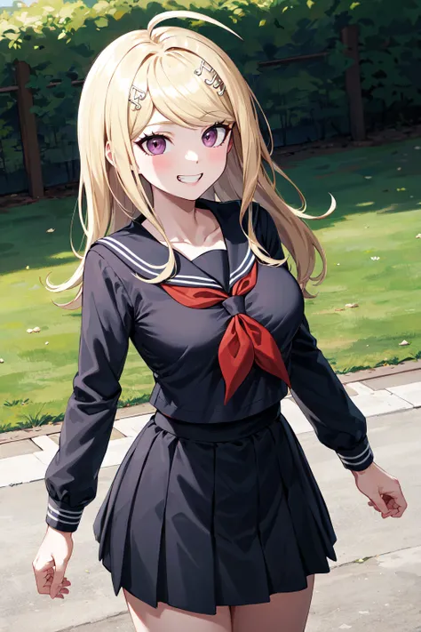 masterpiece, best quality, highres, aakaede, long hair, ahoge, hair ornament, breasts, collarbone, black serafuku, sailor collar, red neckerchief, (black shirt:1.2), long sleeves, black skirt , <lora:akamatsu_kaede_v1:0.7>, grin, standing, cowboy shot, out...