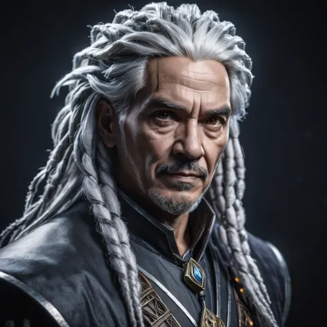 photograph, cinematic color grading, solo character portrait, middle aged man, hair: silver hair, Dreadlocks, nationality: Nicaraguan, warlock, dark background<lora:EnvyCharacterPortraitHelperXL01:1.0>