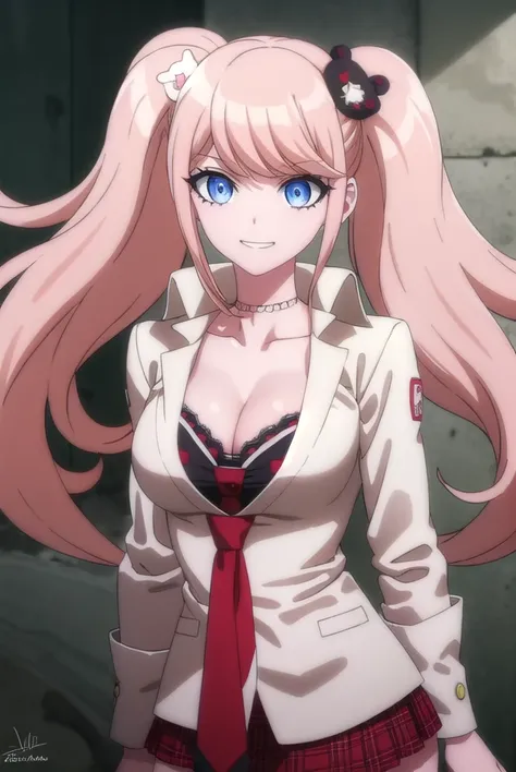 junkoenoshima, <lora:junko enoshima s1-lora-nochekaiser:1>,
junko enoshima, long hair, bangs, blue eyes, pink hair, hair ornament, twintails, bear hair ornament, smile, grin,
BREAK skirt, shirt, bow, cleavage, underwear, collarbone, necktie, choker, bra, r...