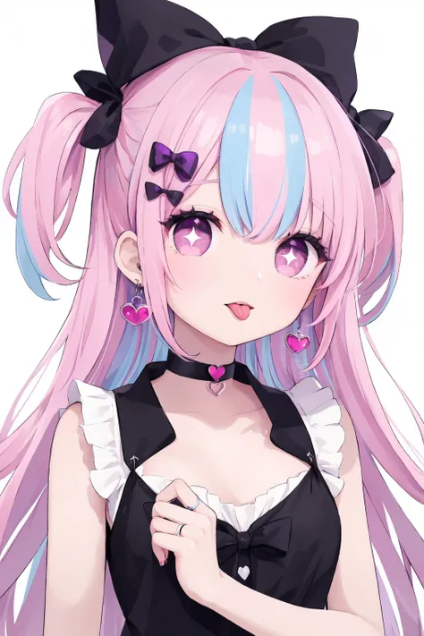 1girl,solo,tongue out,tongue,jewelry,heart,purple hair,bow,long hair,choker,symbol-shaped pupils,looking at viewer,multicolored hair,one side up,white background,heart-shaped pupils,ring,black bow,
hair bow,jirai kei,black choker,pink eyes,earrings,
simple...