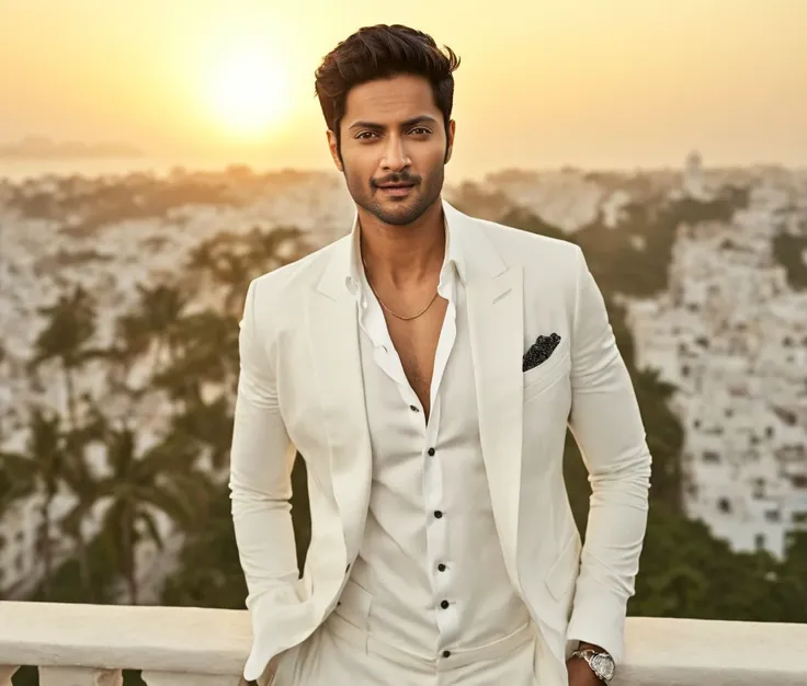 Nautical-themed (Photo:1.3) of (Ultrarealistic:1.3) <lora:Man_Men_FFashion:1> Mahesh Babu a man <lora:Ali-Fazal_Mahesh-Babu:1> in a White suit standing on a balcony, handsome man, attractive man, handsome male, sun behind him, inspired by Pablo Munoz Gomez...