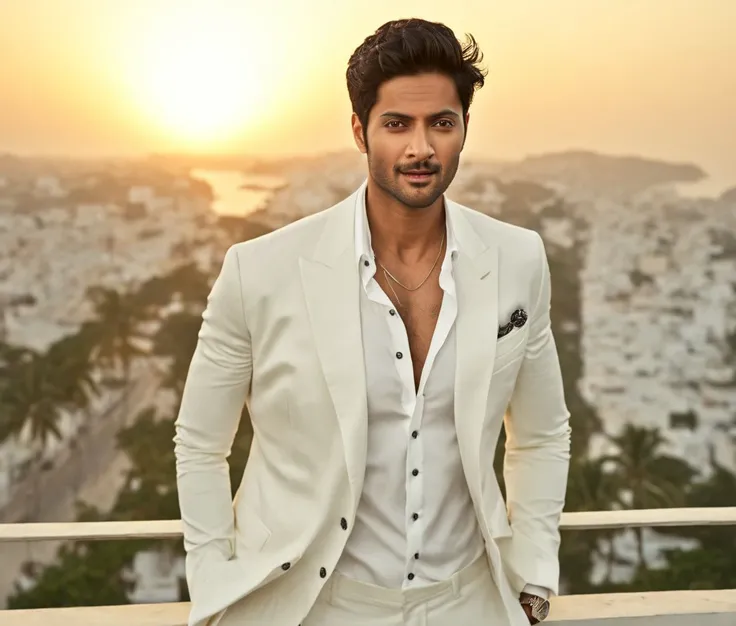 Nautical-themed (Photo:1.3) of (Ultrarealistic:1.3) <lora:Man_Men_FFashion:1> Mahesh Babu a man <lora:Ali-Fazal_Mahesh-Babu:1> in a White suit standing on a balcony, handsome man, attractive man, handsome male, sun behind him, inspired by Pablo Munoz Gomez...