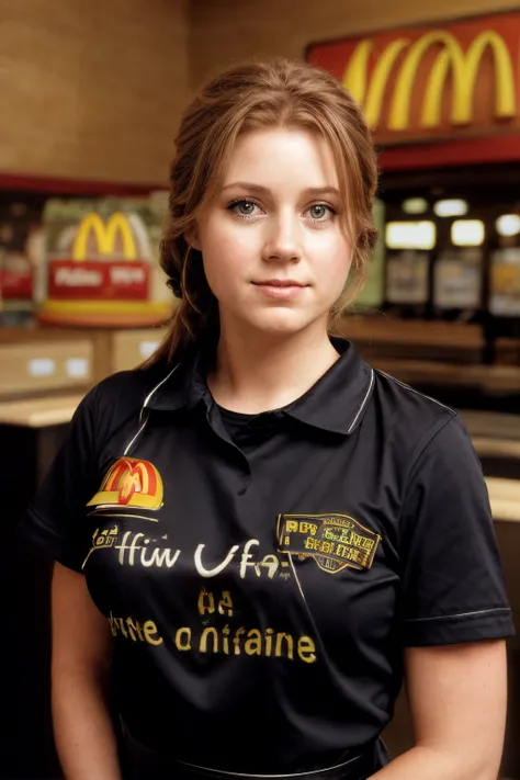 waist up portrait photo , amhx woman,  (as a mcdonalds employee:1.2), f2, 35mm, film grain, low contrast
<lora:AmyAdamsDogu_amhx woman:1>