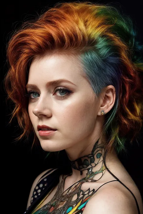 waist up portrait photo , amhx woman, by Flora Borsi, style by Flora Borsi, bold, bright colours, (rainbow Mohawk hair:1.1), (Flora Borsi)
<lora:AmyAdamsDogu_amhx woman:0.9>