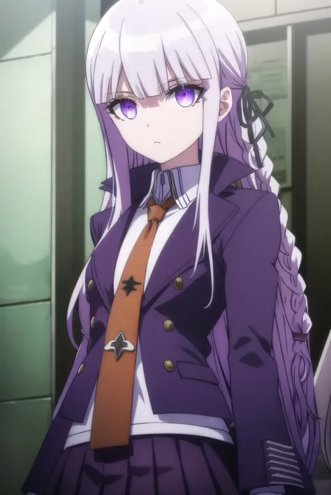 kyokokirigiri, <lora:kyouko kirigiri s1-lora-nochekaiser:1>,
kyouko kirigiri, long hair, bangs, ribbon, (purple eyes:1.1), hair ribbon, purple hair, braid, single braid, side braid,
BREAK skirt, shirt, gloves, long sleeves, jacket, white shirt, pleated ski...