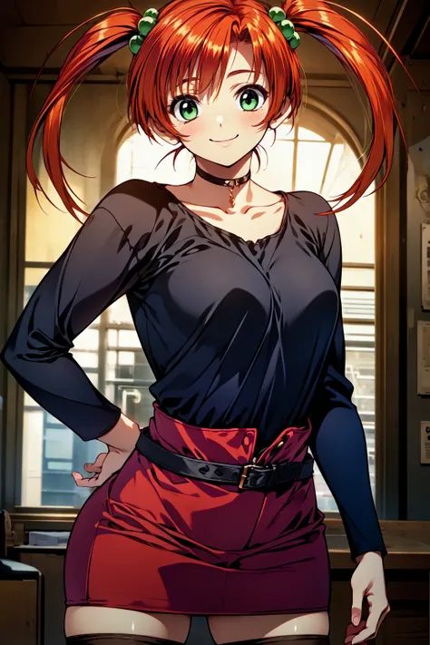 1girl, cowboy shot, smile
doukoku_itsumi, green eyes, red hair, twintails, hair ornament, hair bobbles, choker, black shirt, long sleeves, belt, red skirt, miniskirt, black thighhighs, zettai ryouiki, <lora:doukoku_itsumi_lora_ver1:0.7>, best quality, mast...