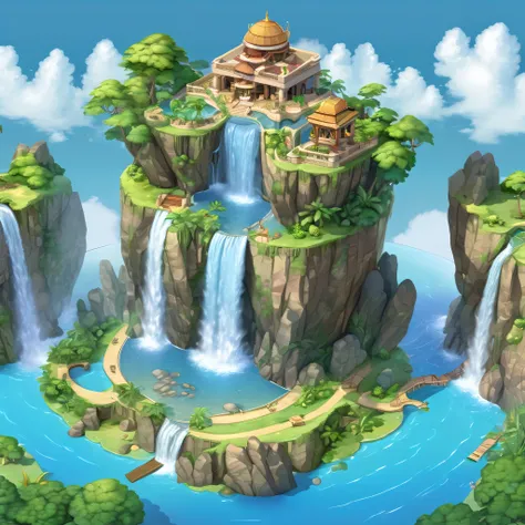 ((masterpiece, best quality)),  absurdres,  Isometric_Setting,  paradise,  floating island,  detailed waterfall,  detailed pond,  detailed rocks,  clouds and sky in the background, <lora:Stylized_Setting_SDXL:1.0>