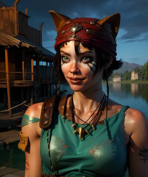 Kai,black hair,short hair,green eyes,facepaint,brown hair, 
jewelry,necklace, bandages,bandana,torn clothes, ,cat ear bandana,shoulder tattoos,
standing,upper body,smile,  
night,battlefield,lake,
(insanely detailed, beautiful detailed face, masterpiece, b...
