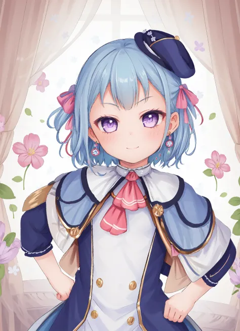 <lora:mizubakopa (fkg):1> masterpiece, best quality, portrait, 1girl, mizubakopa (fkg), short hair, purple eyes, hair bow, pink bow, hat, dress, ascot, capelet, jewelry, earrings,