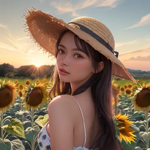 ((Girl in straw hat looking back in a field of sunflowers)), (backlight), (best illumination, best shadow, an extremely delicate and beautiful), Girl on the center axis of the picture, small breasts, ((Sunflowers with the ultimate in detail)), beautiful de...
